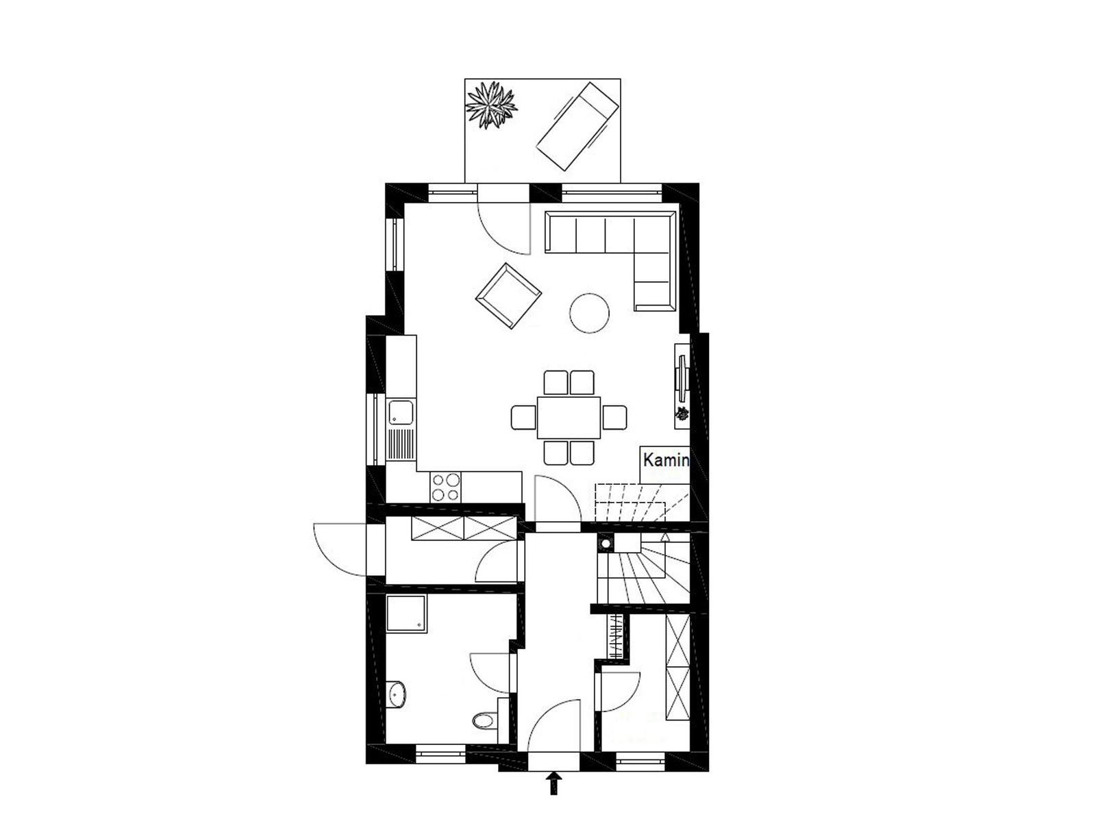 Dieses Apartment zeigt eine offene Küche, Essbereich und Wohnbereich mit Kamin.
