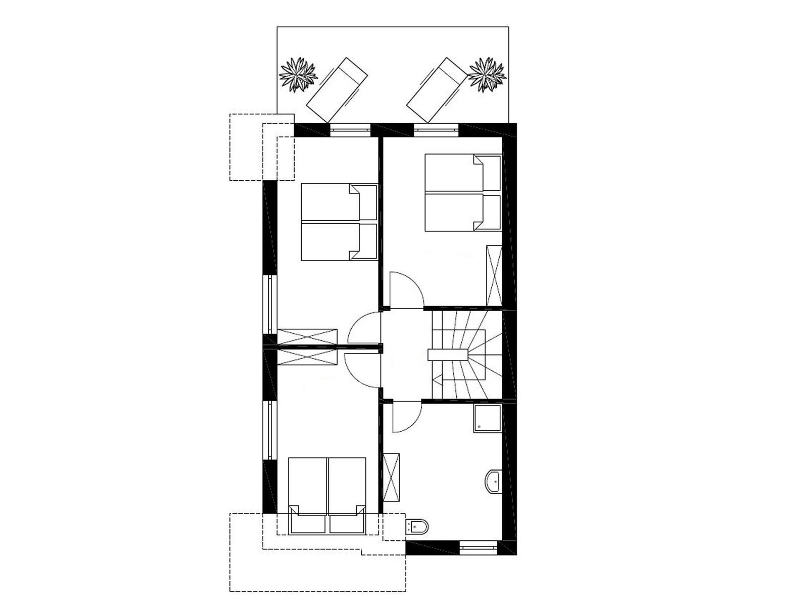 Dieses Haus zeigt zwei Schlafzimmer, ein Bad und eine Küche mit Balkon.