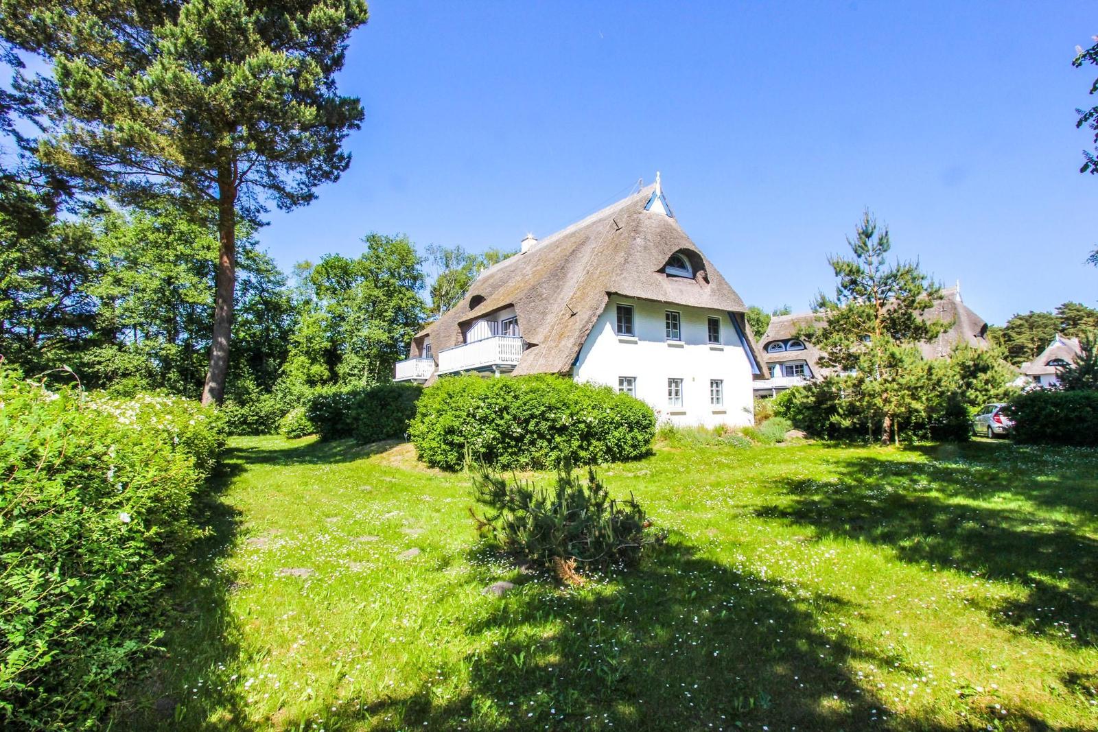 Haus mit Strohdach und weißer Fassade im Grünen