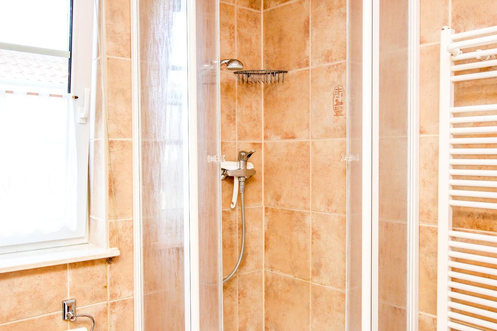 Dusche mit Glaswand, Duschbrause und Heizkörper an der Wand.
