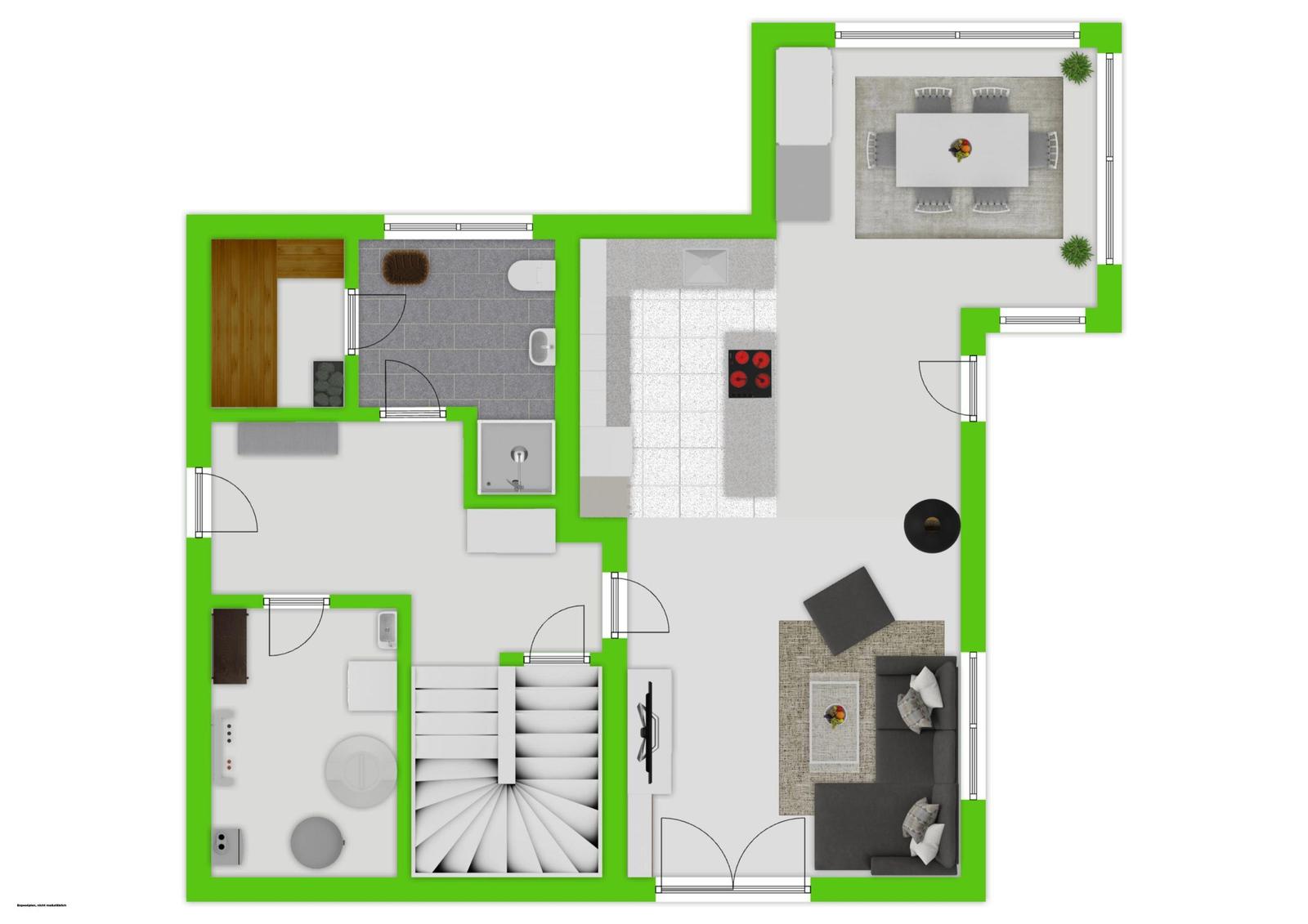 Wohnung mit Küche, Essbereich, Wohnzimmer und Bad. Treppe führt nach oben.