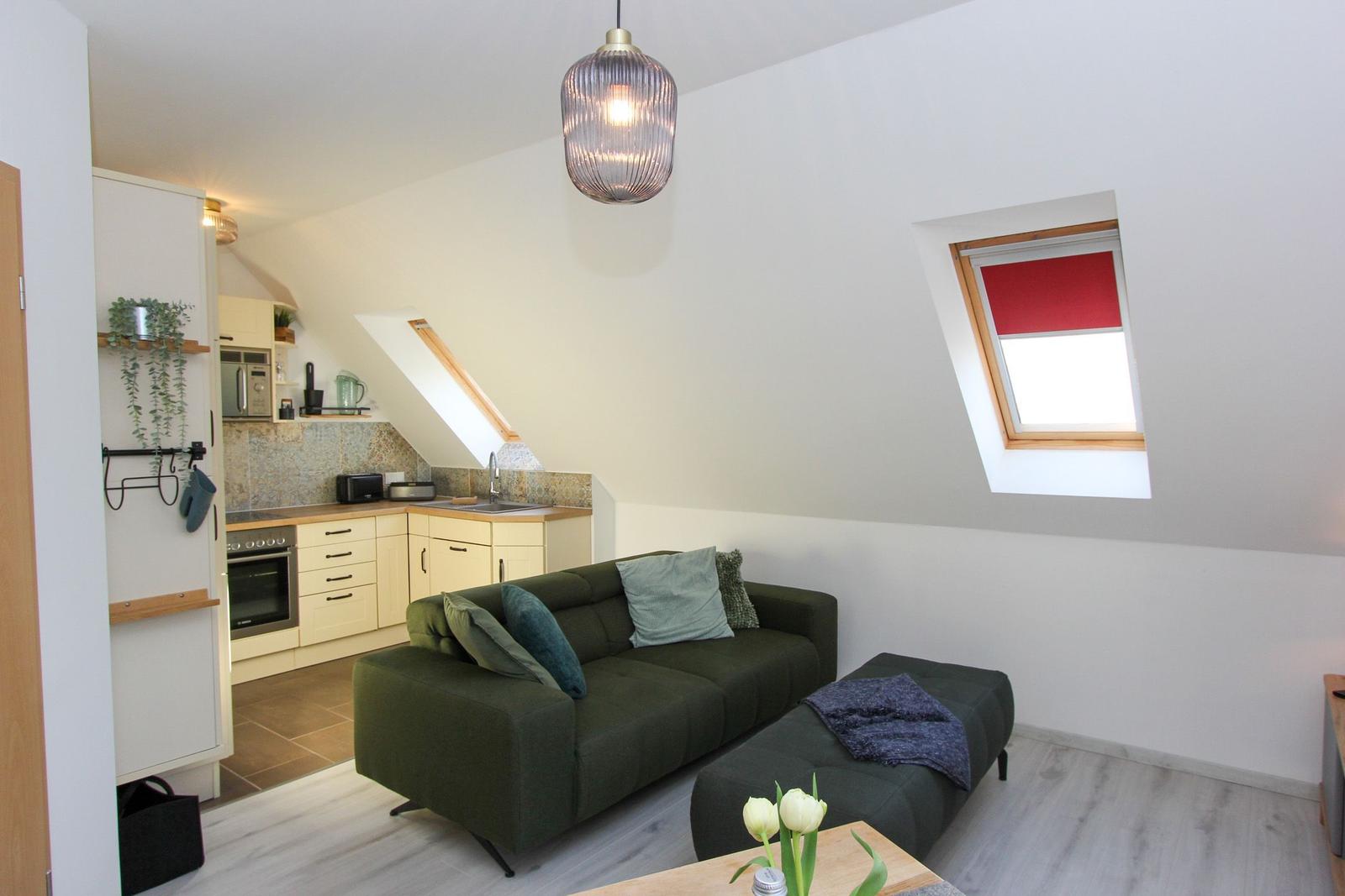 Wohn- und Küchenbereich mit grünem Sofa, Dachfenster und Pendelleuchte.