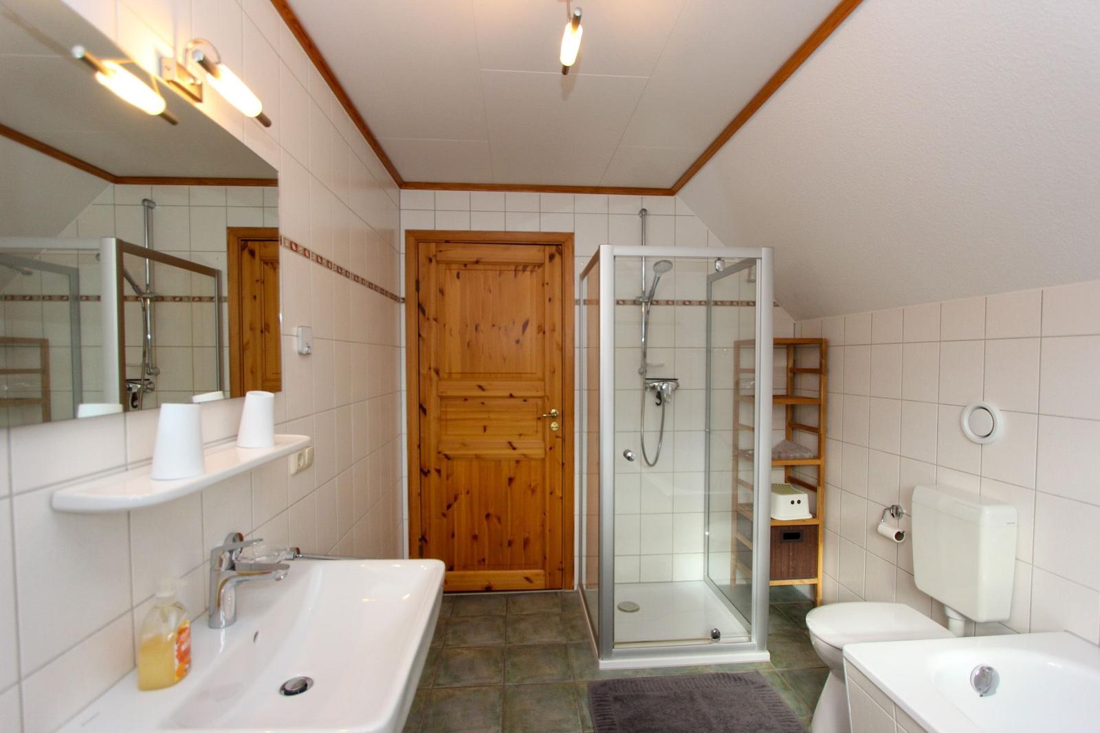 Badezimmer mit Dusche, Waschbecken und Toilette. Holztür und Fliesenwand.
