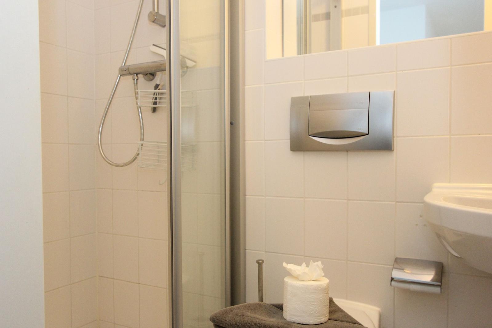 Dusche mit Glaswand, Spiegel, Toilettenpapier und Waschbecken.