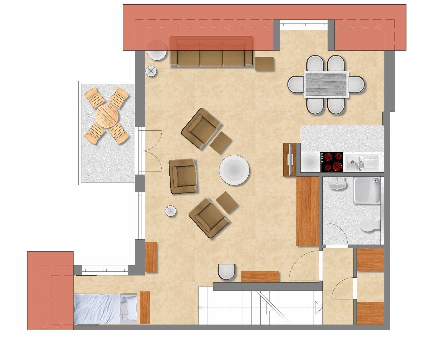 Wohnung mit Küche, Essbereich, Wohnzimmer, Schlafzimmer und Bad.