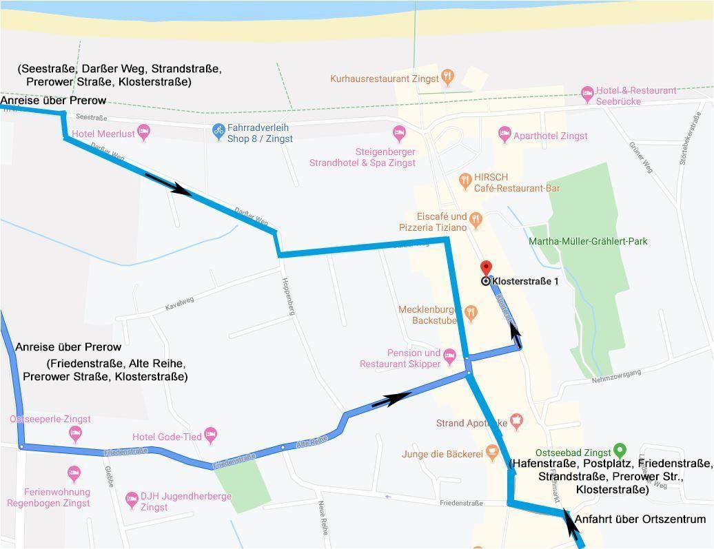 Karte zeigt Anreisewege zu Klosterstraße 1 in Zingst mit Straßen und Sehenswürdigkeiten.