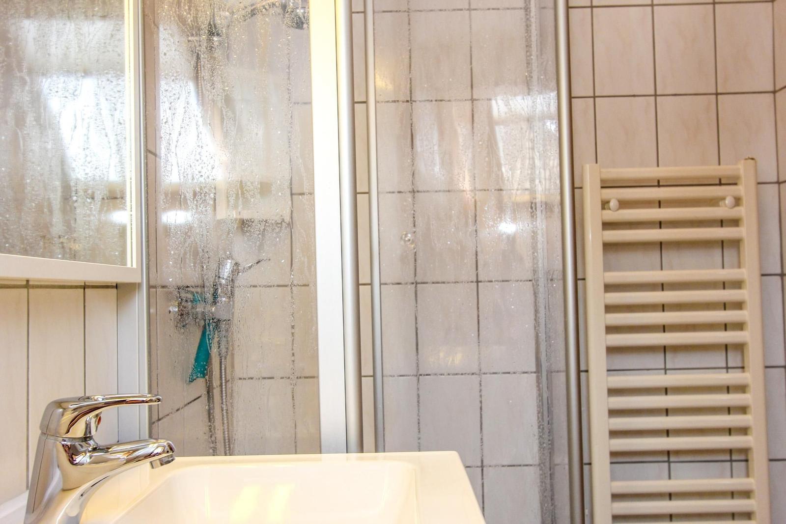 Badezimmer mit Dusche, Waschbecken und Heizkörper