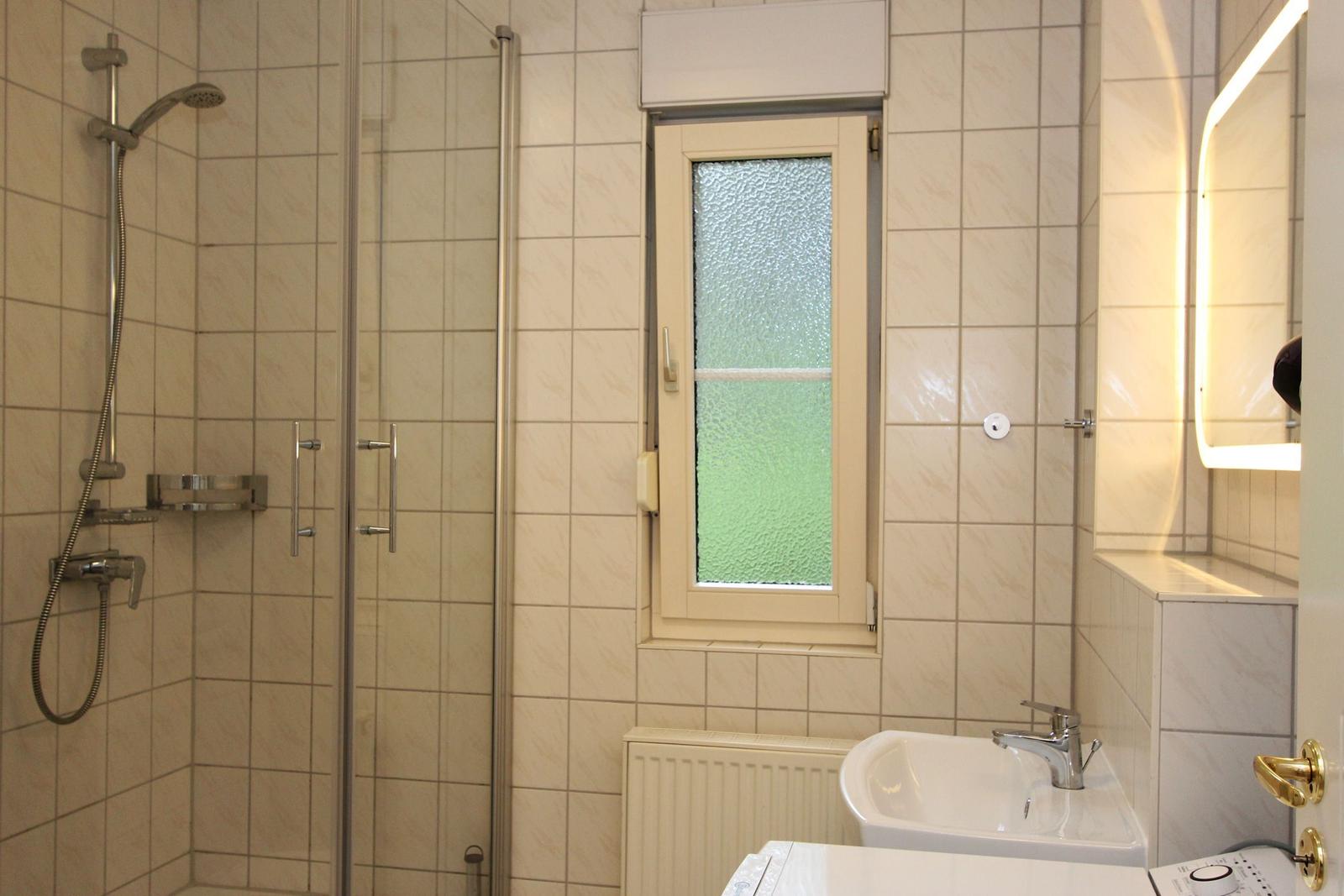 Badezimmer mit Dusche, Waschbecken und Fenster mit getöntem Glas.