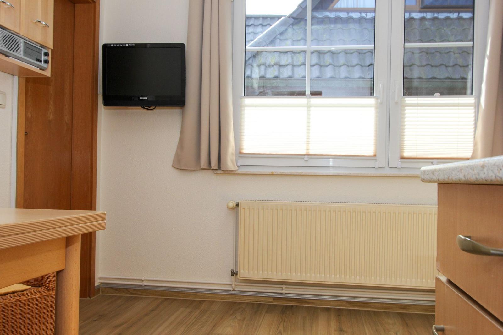 Wohnraum mit TV, Fenster und Heizkörper