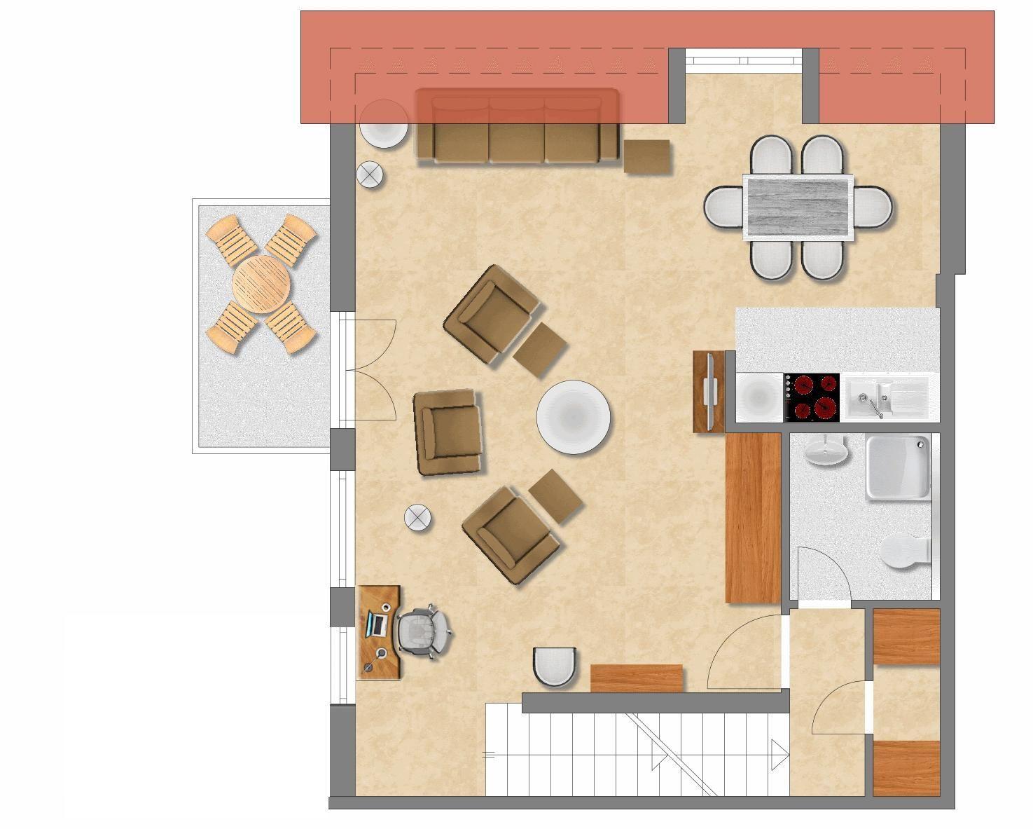 Wohnung mit Essbereich, Küche, Bad und Arbeitsplatz