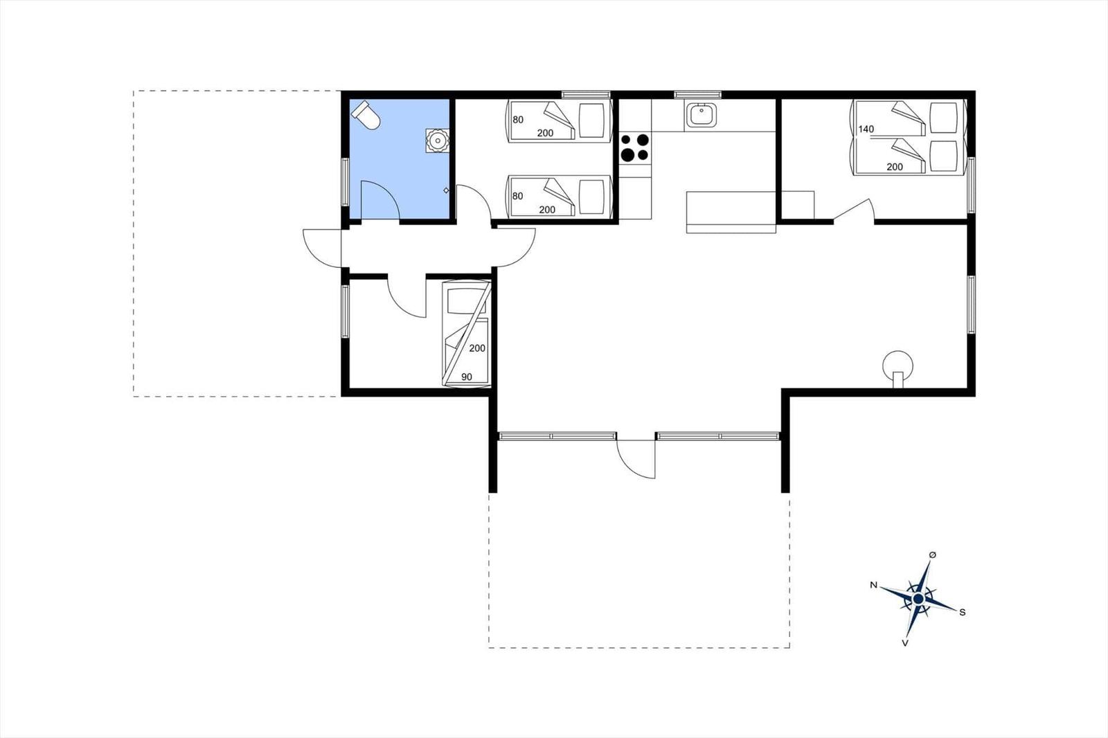 Wohnung mit Küche, zwei Schlafzimmern und Bad. Eingangsbereich und Terrasse.