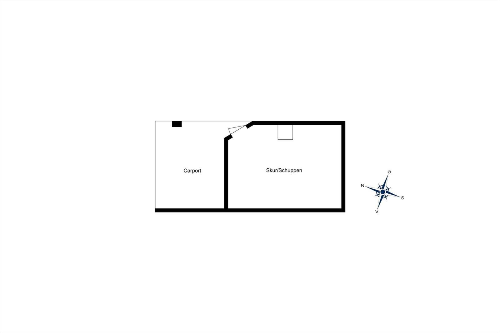 Plan zeigt Carport und Schuppen mit Kompass