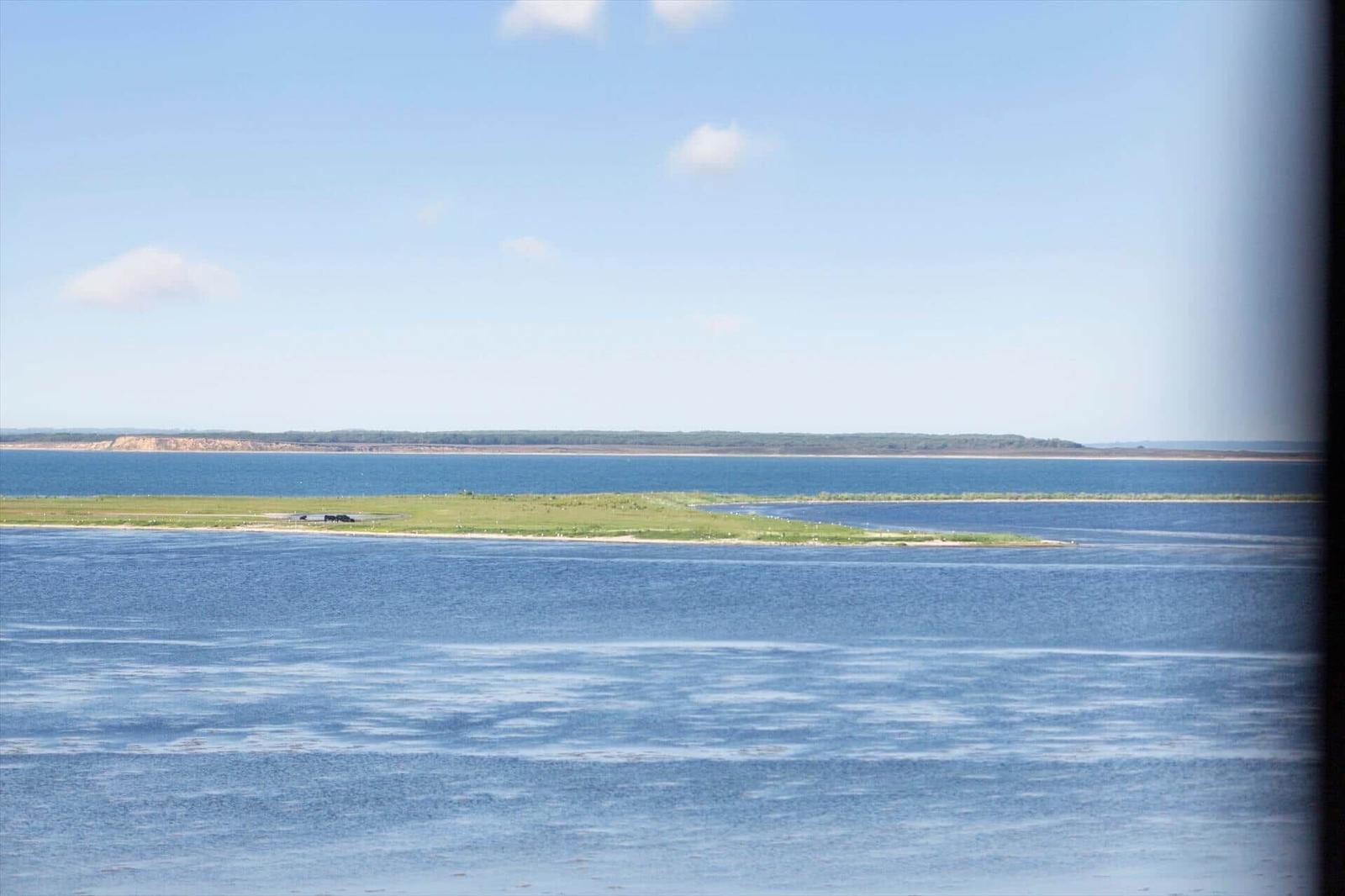 Weitläufiger Blick auf Wasserfläche mit Insel und Horizont unter blauem Himmel.