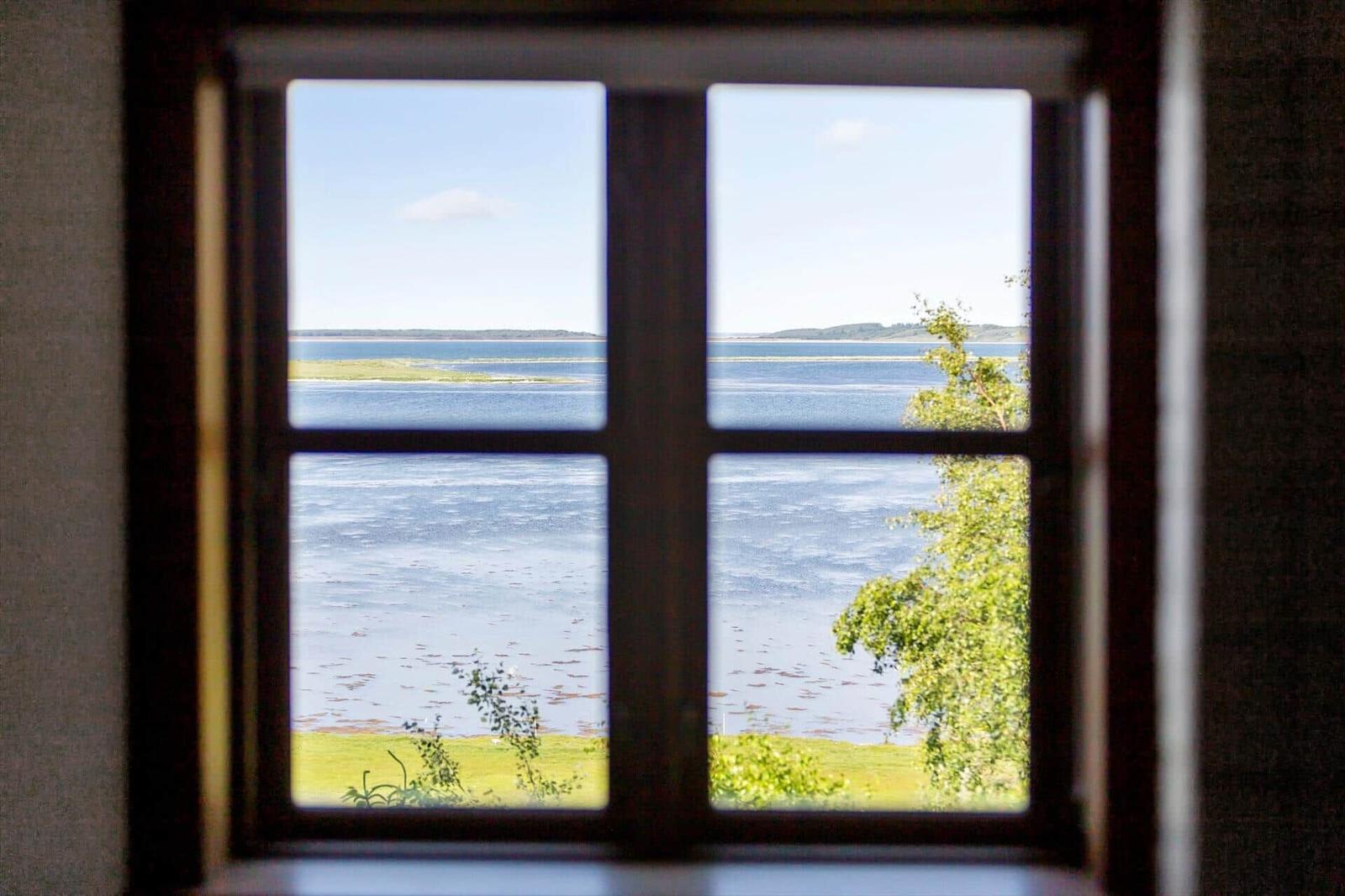 Durch das Fenster blickt man auf einen See mit grüner Ufervegetation und einem Wald im Hintergrund.
