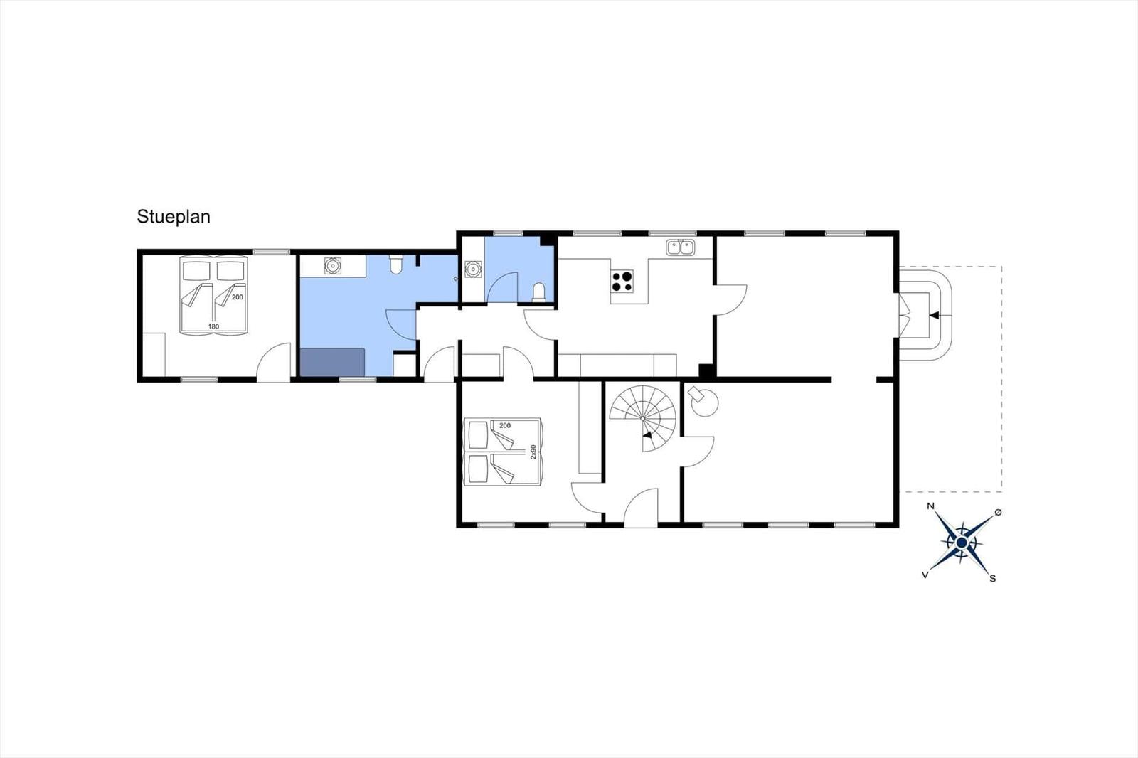 Stueplan zeigt zwei Schlafzimmer, Küche, Bad und einen Flur mit Treppe.
