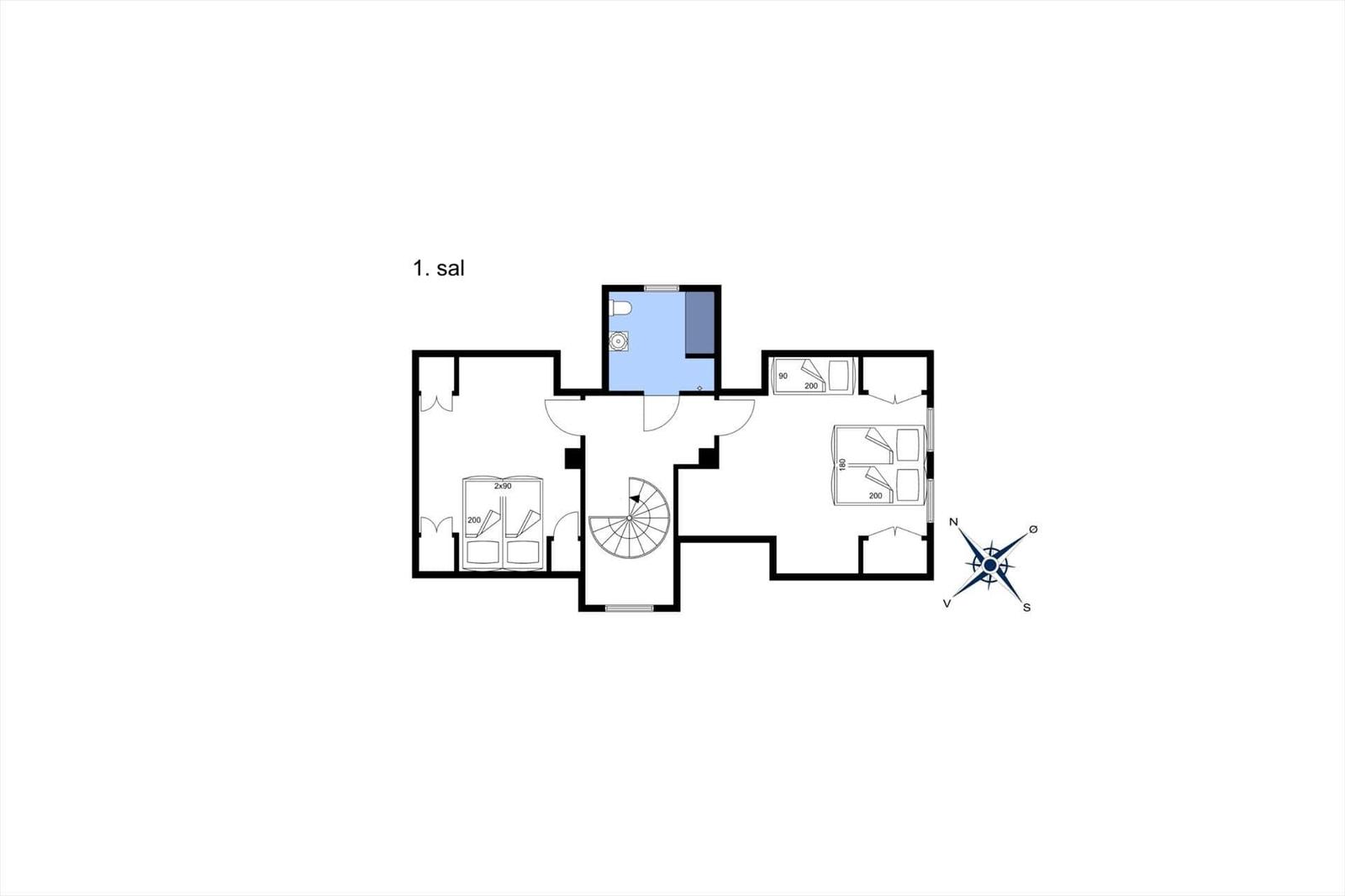 Erster Stock mit Schlafzimmer, Bad und Treppe. Raumplan mit Orientierung.