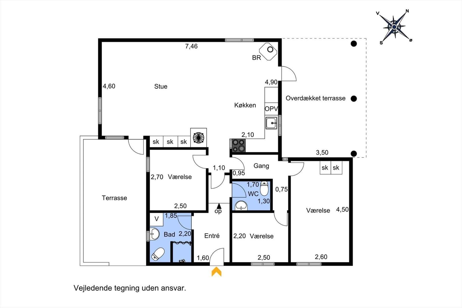 Wohnung mit Küche, Schlafzimmer, Bad und Terrasse. Flur und WC sind vorhanden.
