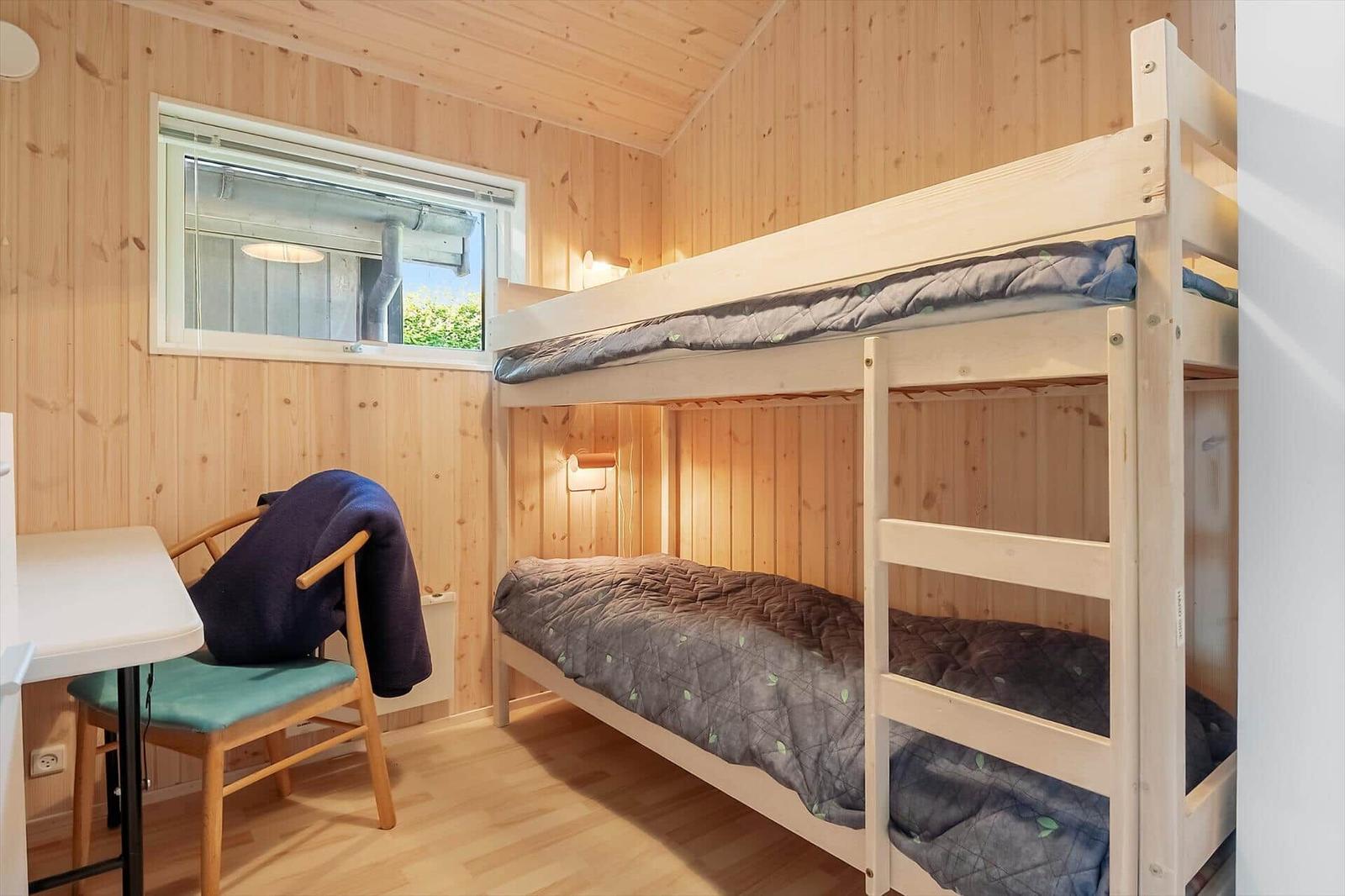Zimmer mit Doppelstockbett, Schreibtisch und Stuhl. Holzwände und -boden.
