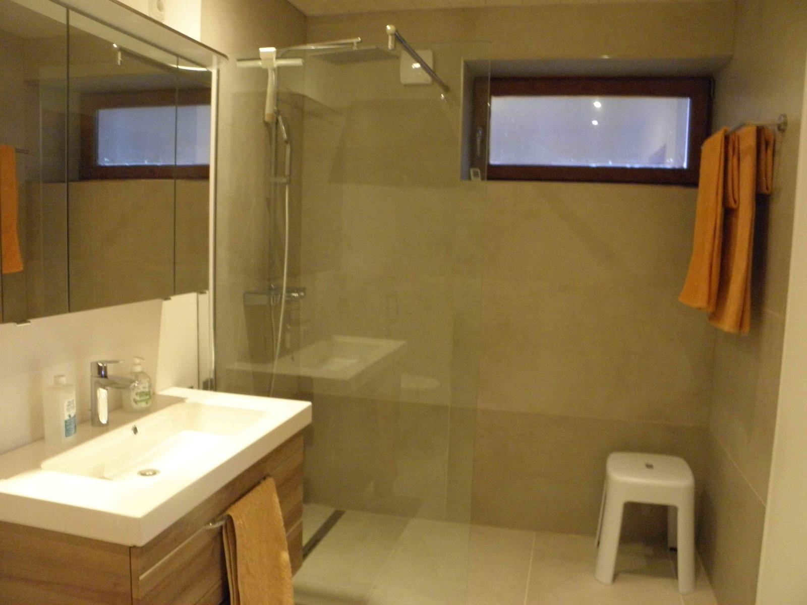 Badezimmer mit Toilette, bodentiefer Dusche, Wandwaschbecken und 2 Schubladen, in denen sich Handtücher und diverse andere Dinge befinden