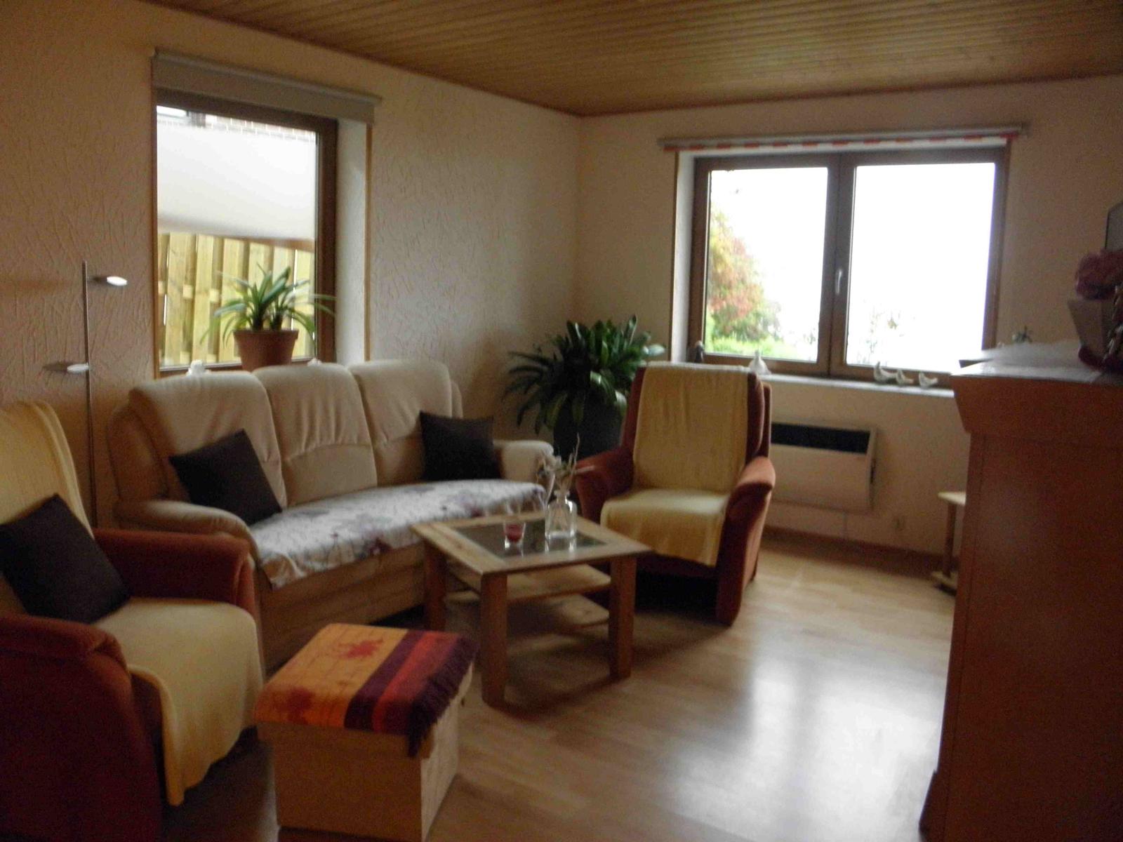 Wohnzimmer mit Sofa, Sesseln, Couchtisch und Pflanzen. Holzfußboden und Fenster mit Blick.
