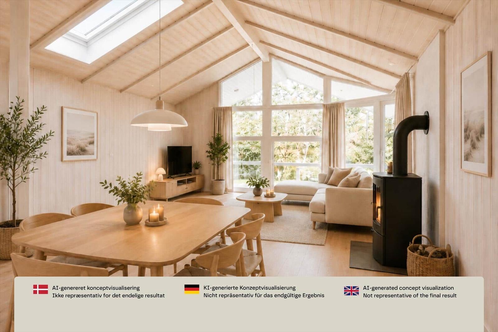 Ein Raum mit Essbereich und Wohnbereich. Holztisch, Sofa und Kaminofen sind sichtbar.