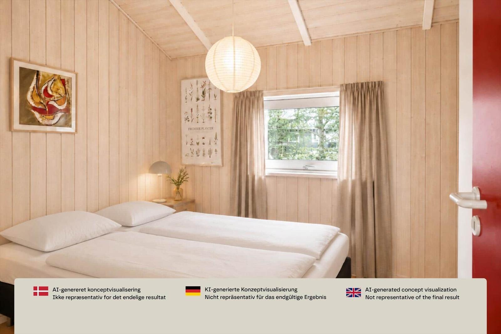 Schlafzimmer mit Doppelbett, Holzwandverkleidung und Fenster mit Vorhängen.