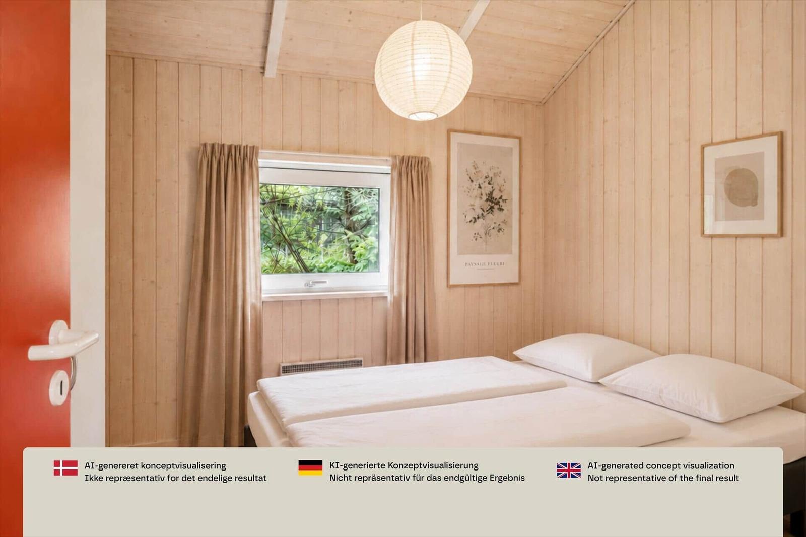 Schlafzimmer mit Holzwand, Fenster, Bett und Decke.