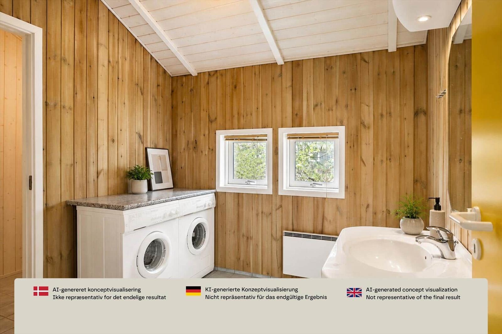 Wohnung mit Holzwänden, Waschmaschine, Waschtisch und zwei Fenstern.