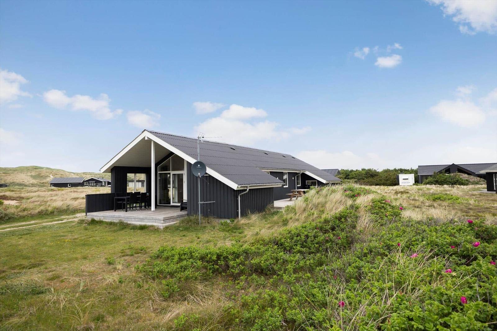 Moderne Strandvilla mit Terrasse und Garten. Schwarze Fassade und großes Fenster.