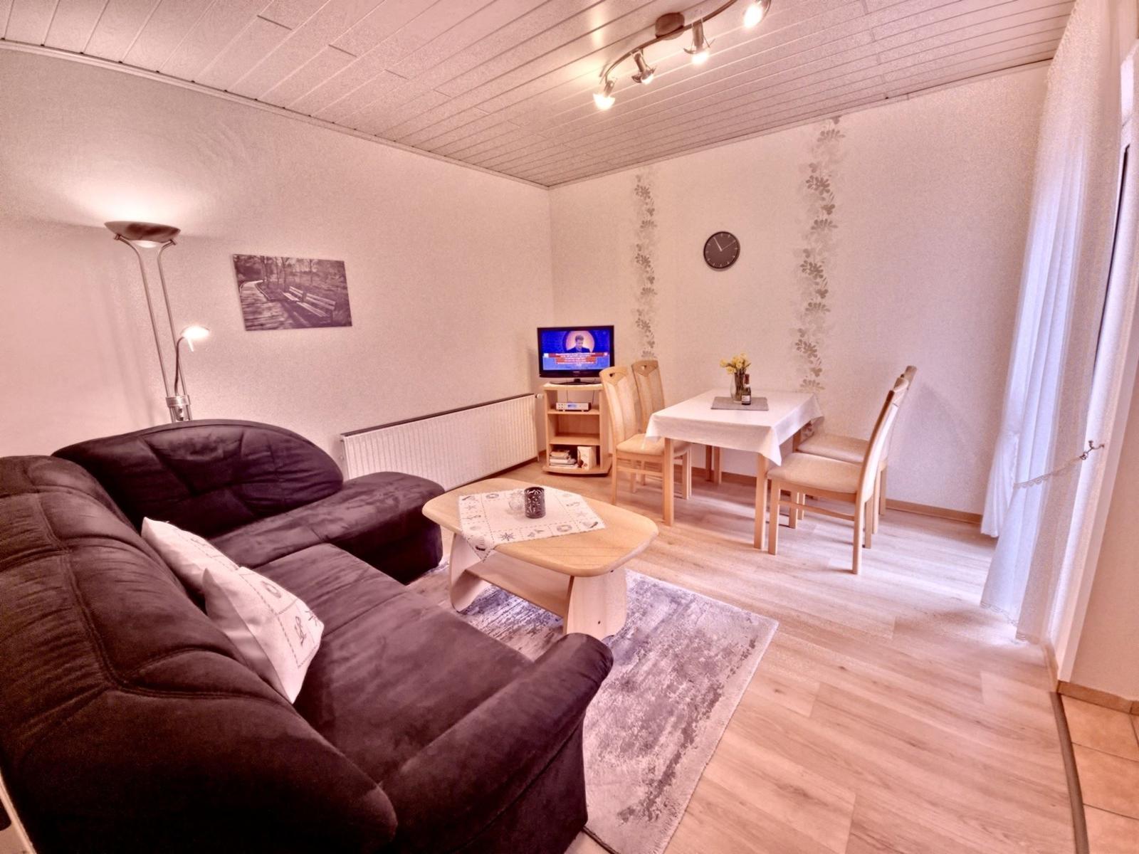 Wohn- und Essbereich mit Sofa, Tisch, Stühlen und Fernseher.