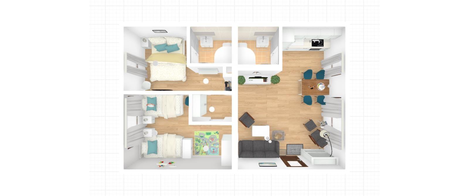 Zwei Schlafzimmer, Küche, Essbereich und Wohnzimmer mit Bad und Toilette.