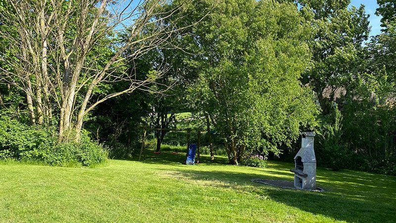 Grüner Garten mit Grill und Bäumen. Spielplatz im Hintergrund.