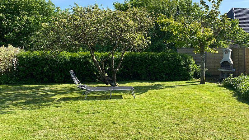 Garten mit Liegestuhl, Baum und Grill. Grasfläche und Hecke im Hintergrund.