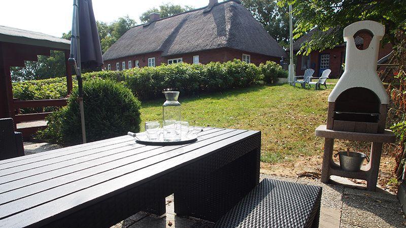 Außenbereich mit Tisch, Stühlen und Grill. Im Hintergrund ein traditionelles Haus mit Schindeldach.