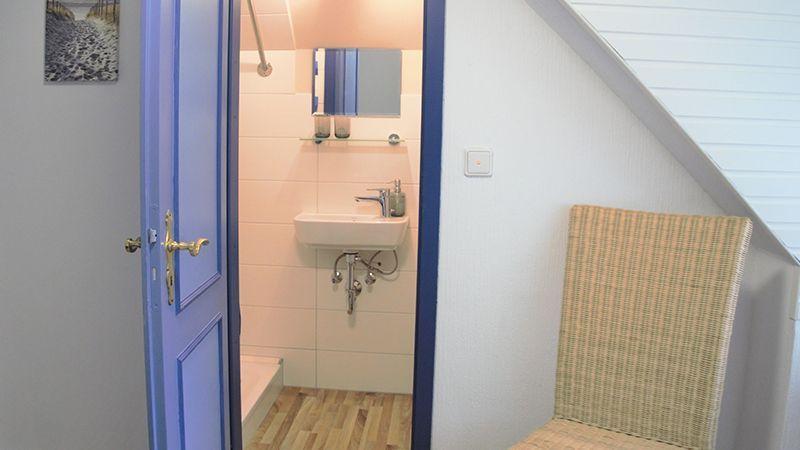 Badezimmer mit Waschbecken, Spiegel und Dusche. Tür und Wandfarbe blau.