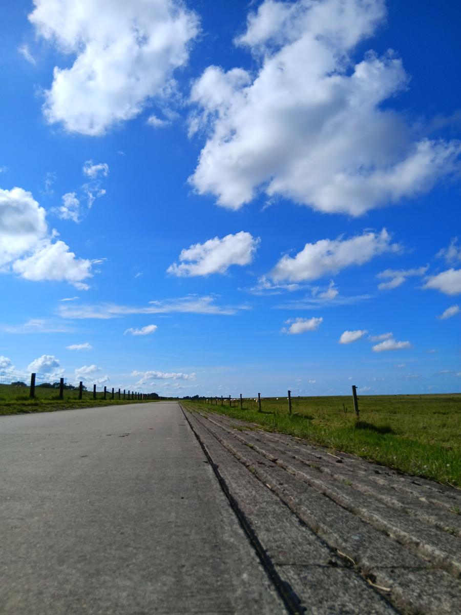 Eine asphaltierte Straße führt durch eine grüne Landschaft unter einem blauen Himmel mit weißen Wolken.