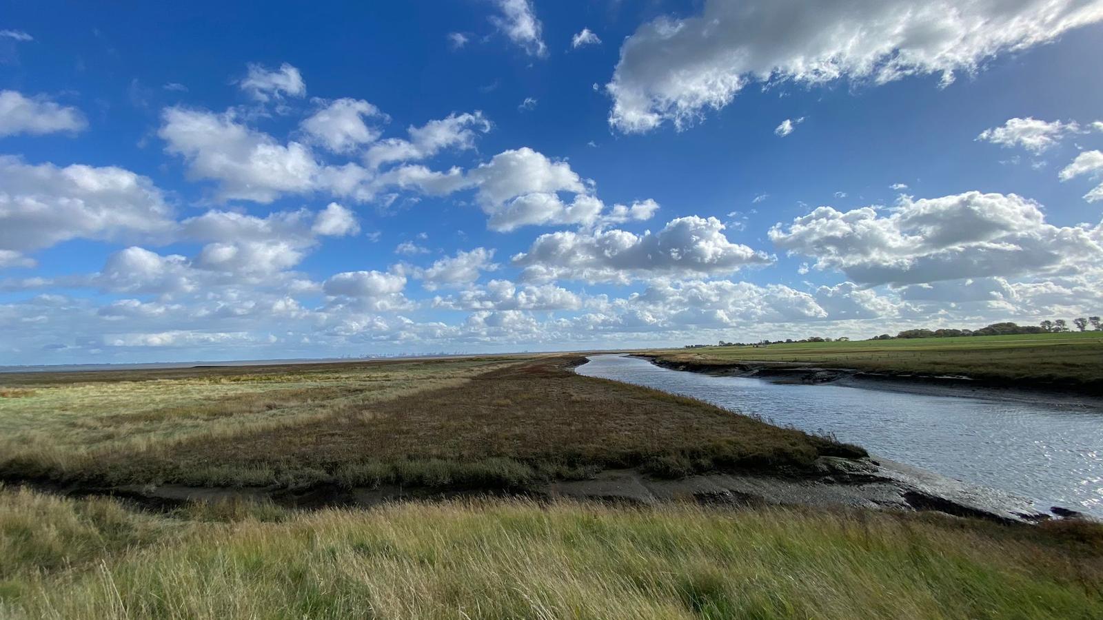 Fluss durch Grasland unter blauem Himmel mit weißen Wolken.