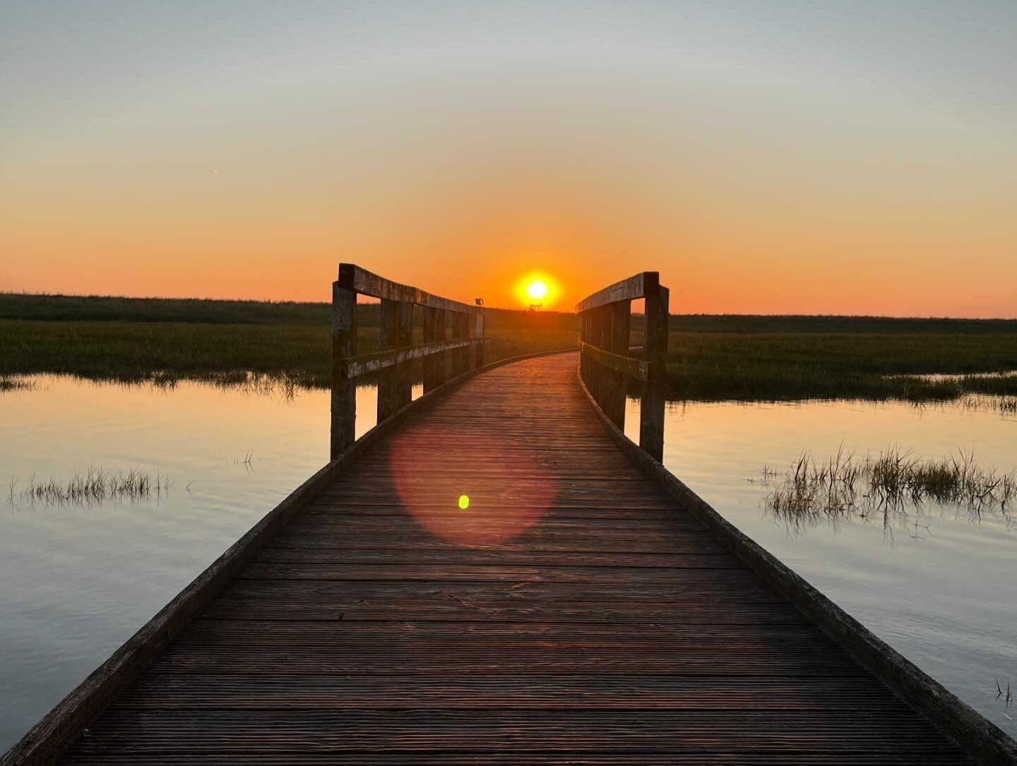 Holzbrücke führt durch ruhiges Wasser zu Sonnenuntergang über Grasland