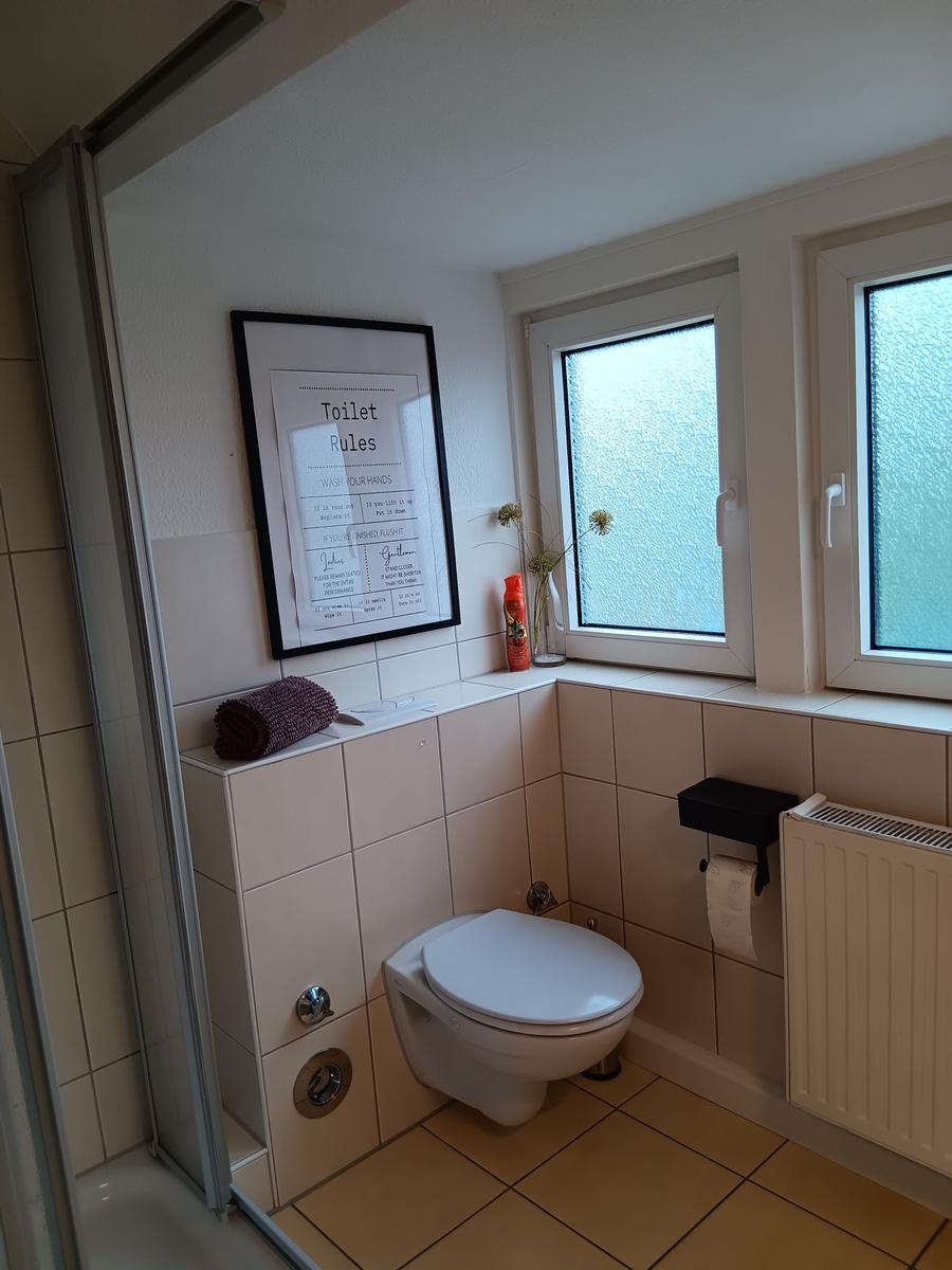 Toilette mit Duschabtrennung, Fenster und Wandbild.