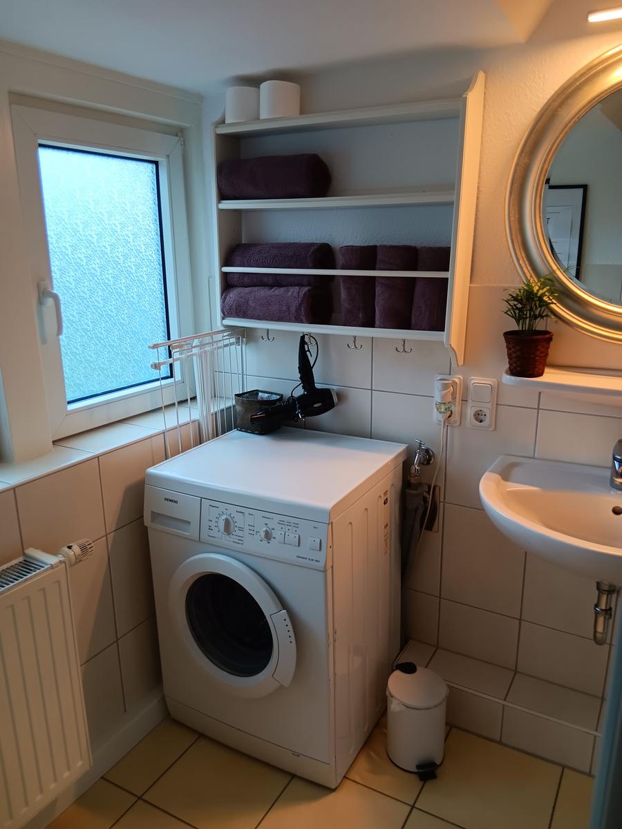 Waschmaschine, Spülung und Handtuchregal im Badezimmer