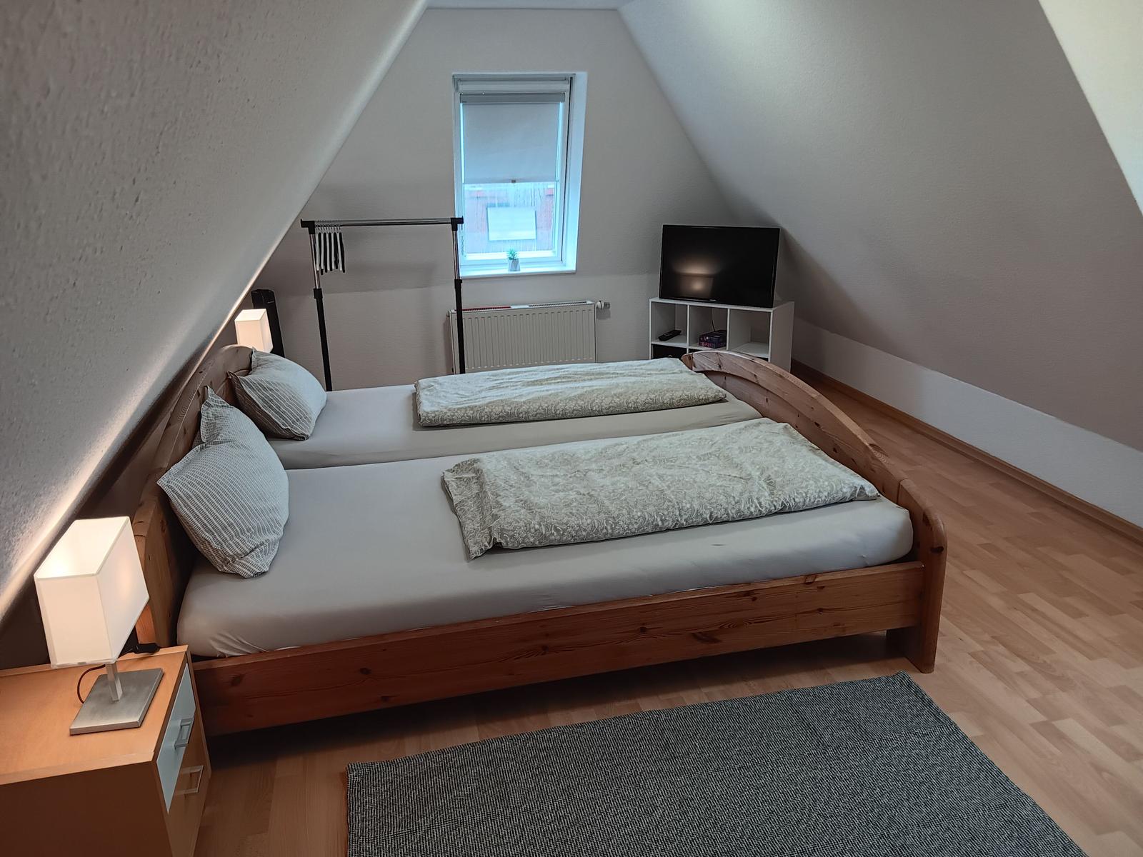 Schlafzimmer mit Doppelbett, Fernseher und Fenster