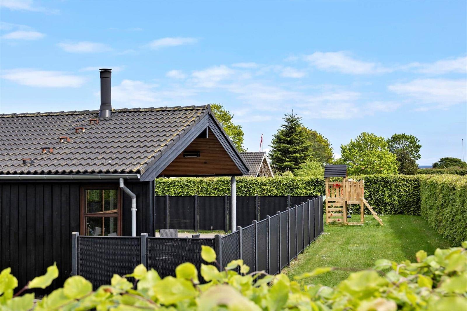 Haus mit Garten, Spielplatz und Zaun. Himmel ist blau.
