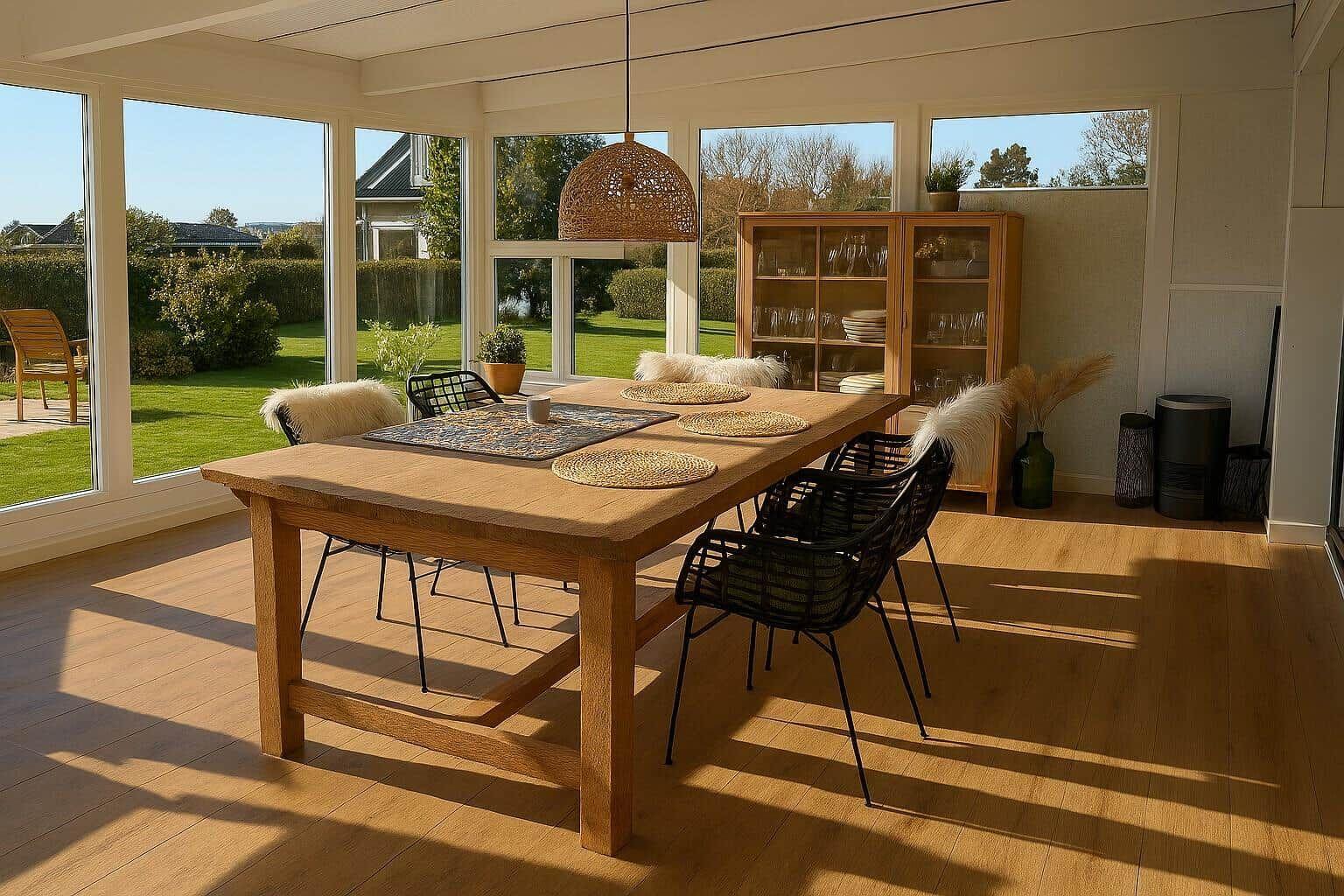 Esszimmer mit Holztisch, schwarzen Stühlen und Blick auf Garten.