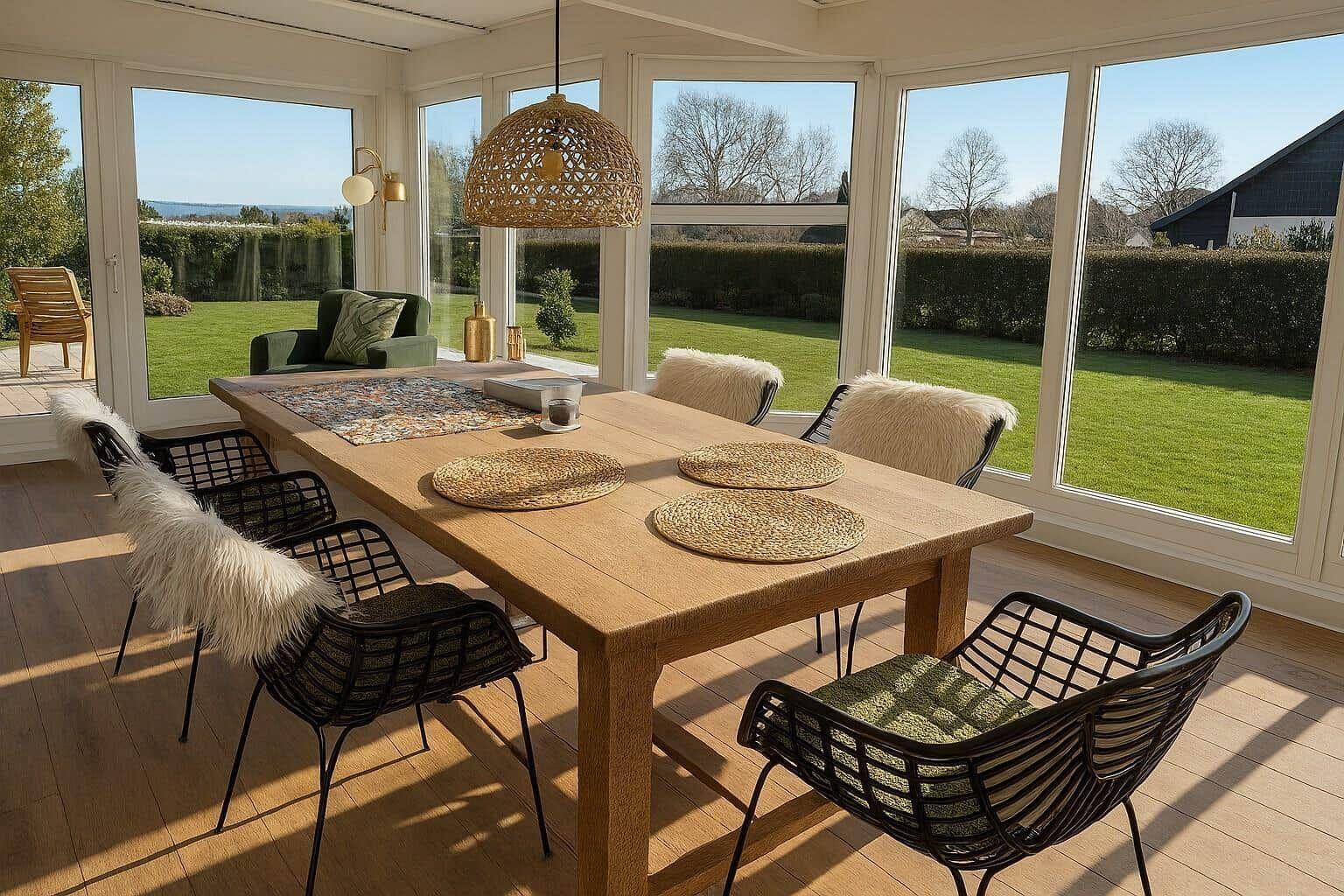 Esszimmer mit Holztisch, Stühlen und großem Fensterblick auf Garten