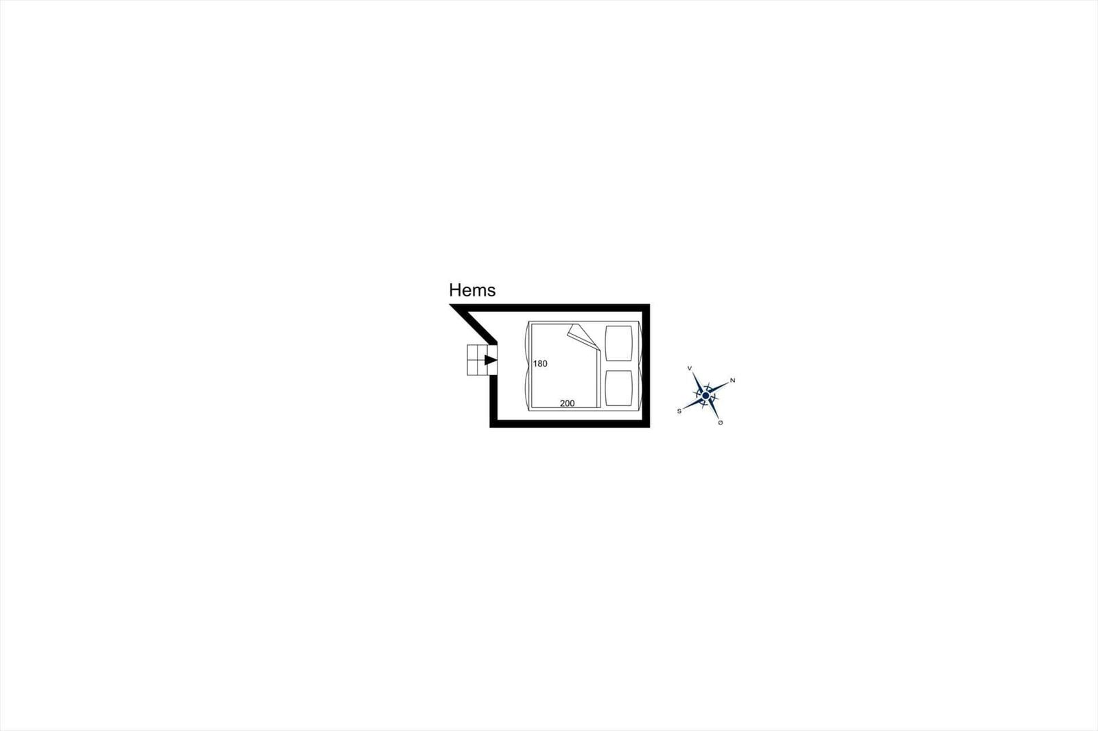 Hems: floor plan with sleeping area and door. Compass shows orientation.