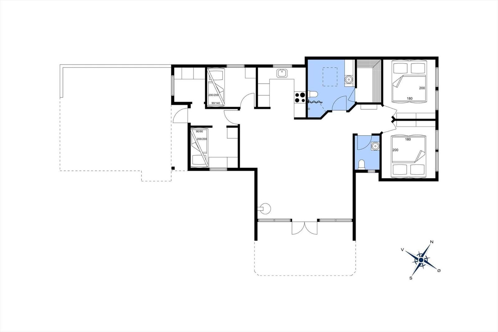 Dieses Hausplan zeigt drei Schlafzimmer, eine Küche und zwei Bäder mit Dusche.