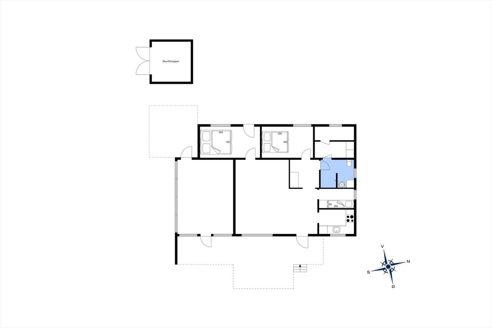 Wohnung mit zwei Schlafzimmern, Küche und Bad. Außenbereich mit Garage.