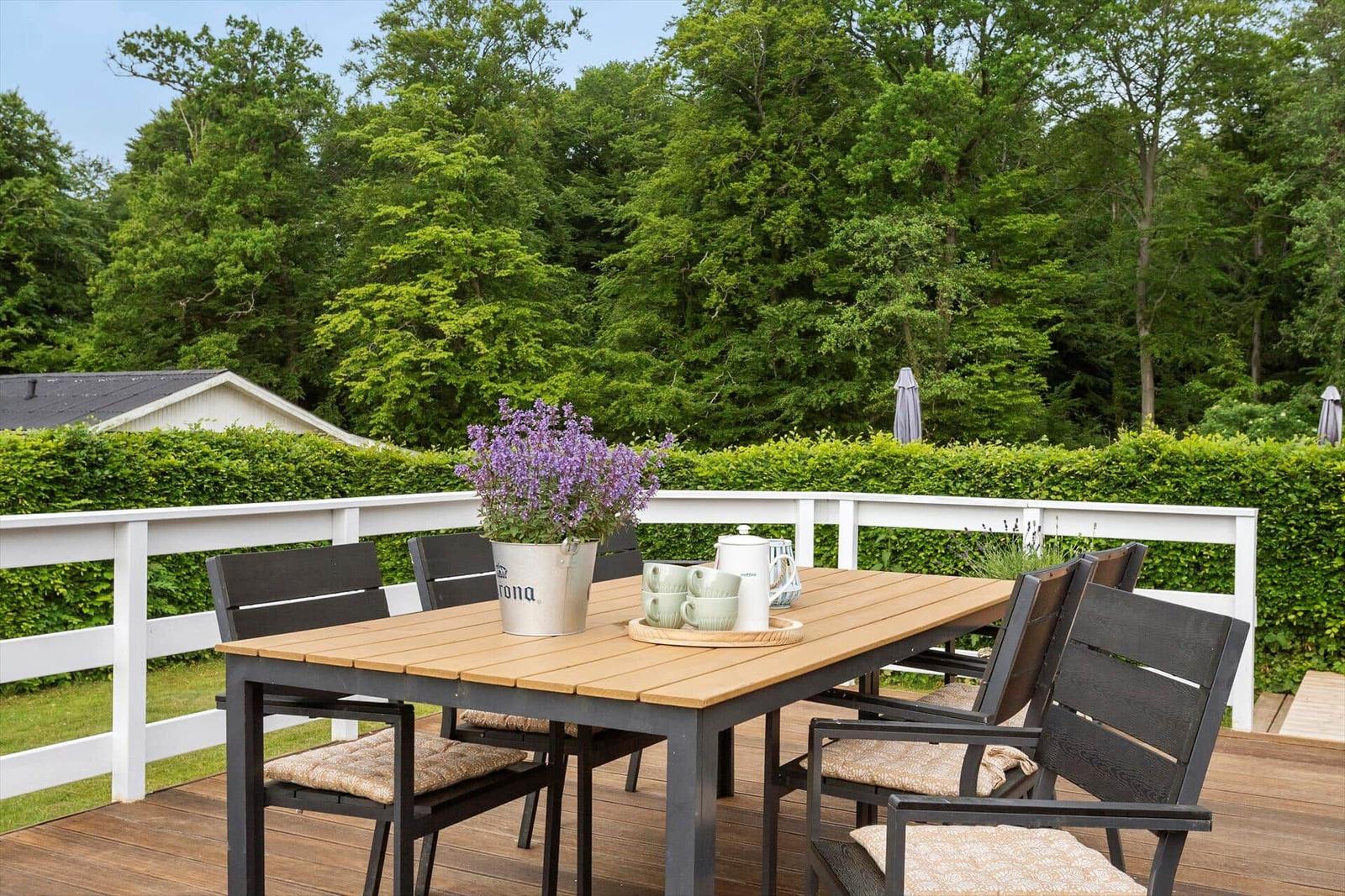 Terrasse mit Tisch und Stühlen, Blick auf grüne Hecke und Bäume.