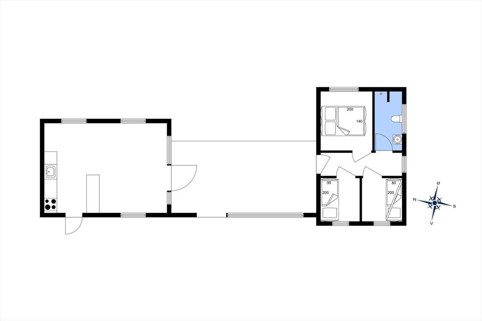 Wohnung mit Küche, Schlafzimmer und Bad. Raumgrößen sind eingezeichnet.