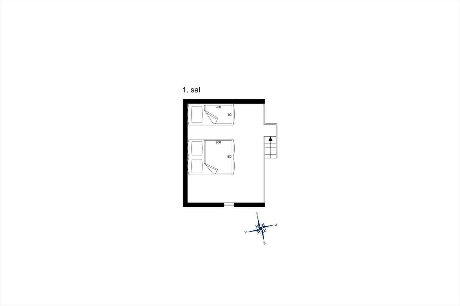 Erdgeschossplan mit zwei Schlafzimmern und Treppe zur oberen Etage.